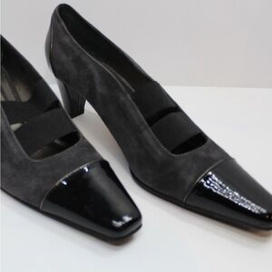 Italian Suede Cap Toe Block Heel Pumps Gray Black Work Office Size 8 | Prevata